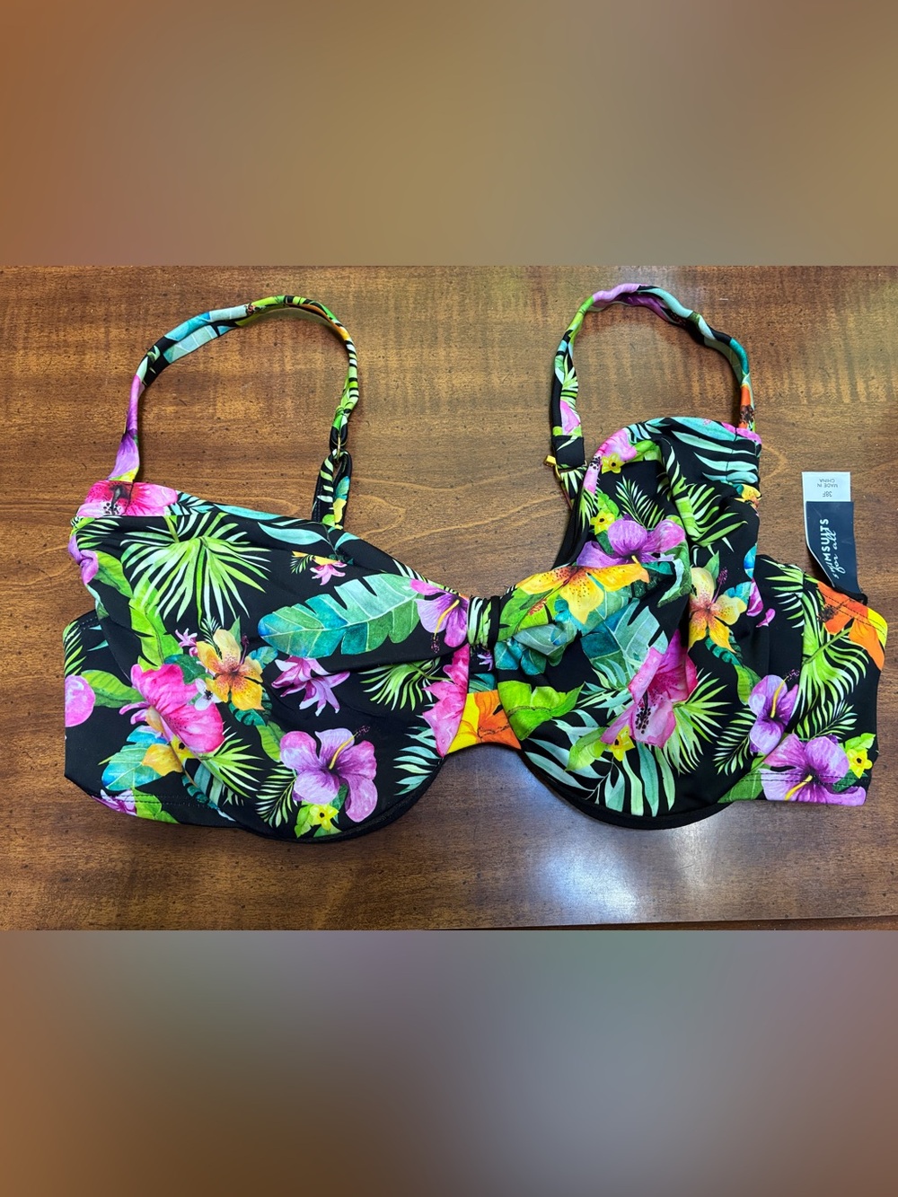 Tropical Floral Underwire Bikini Top - Black with Bright Multicolor Flowers